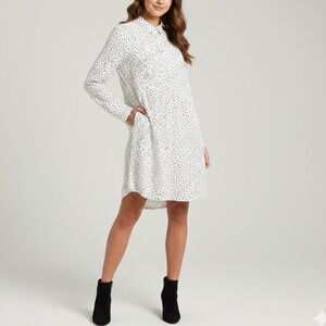 Zara Polka Dot Mini Dress Sz L White Black Long Sleeve Drop Waist Parisian Flowy